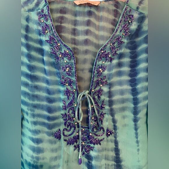 Soft Surroundings M* Turquoise Blue Beaded Sequin Tie-Dye Semi-Sheer Swim Cover - Picture 4 of 7
